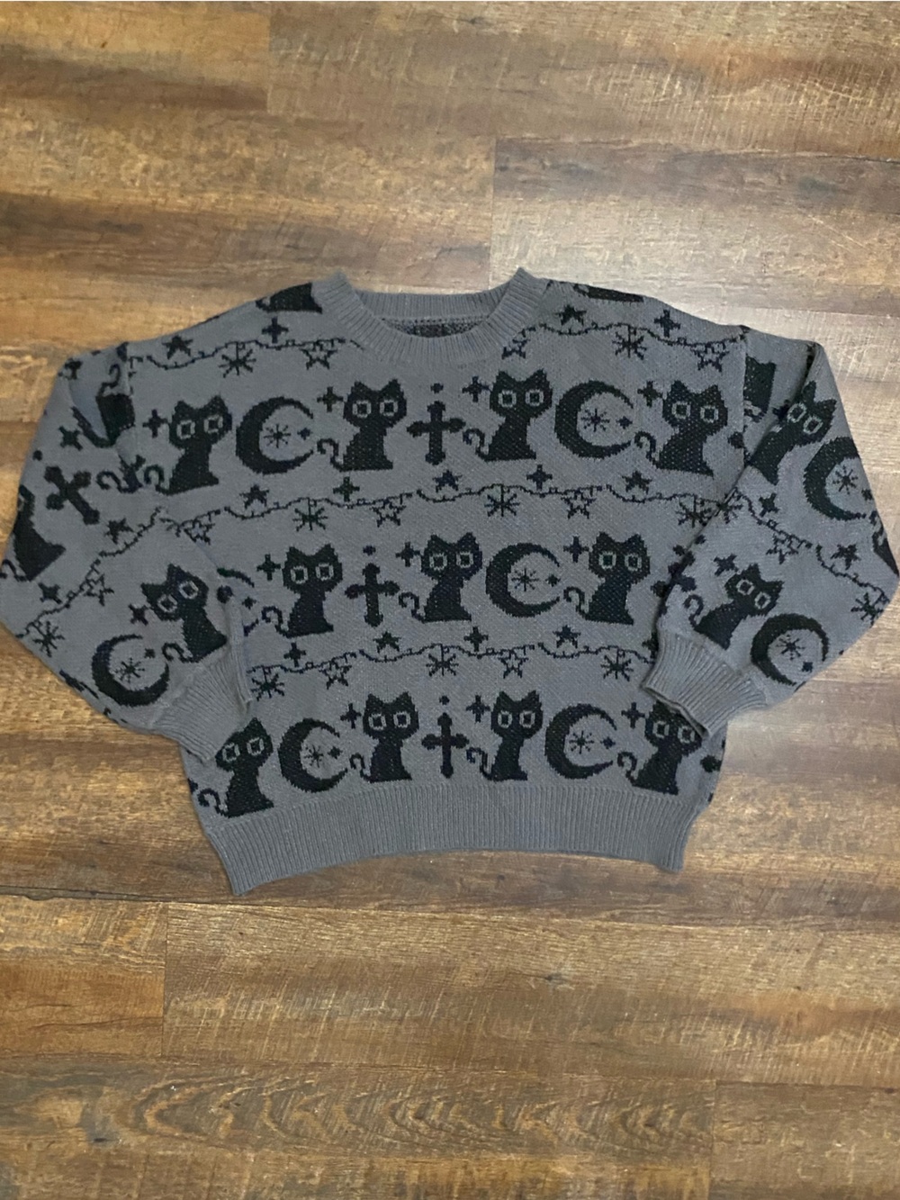 ROMWE Women's XL Gray/Black Graphic Knit Long Sleeve Pullover Sweater